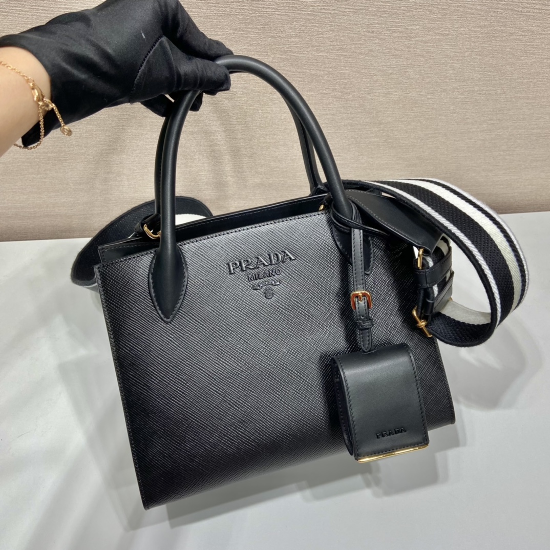 Prada Saffiano Leather Handbag Bag Tote Black 1BA156